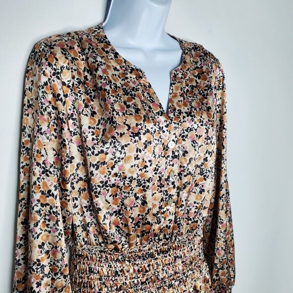 Fig & Flower Womens Silky Floral Long Sleeve Smocked Waist Dress XL S Slit Neck - Picture 2 of 12